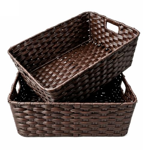 Large 2 Pack Plastic Wicker Storage Baskets (17" x 13" x 5.5" / Brown)