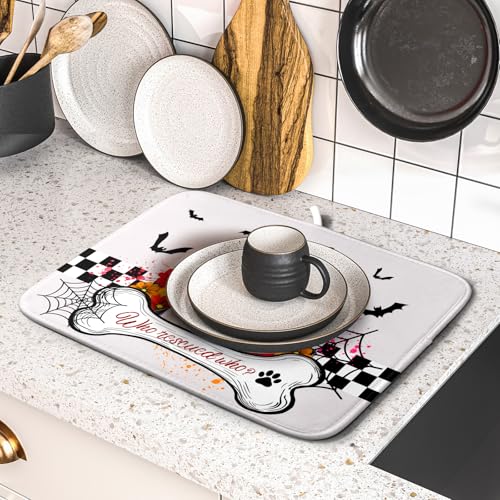 Dish Drying Mat for Kitchen Counter (Halloween Dog 623 / 18" x 16")