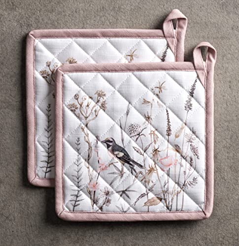 Pot Holders 100% Cotton Potholders (058 - Meadow Florals - Brown / 8" x 8" (Pot Holder Pack of 2))