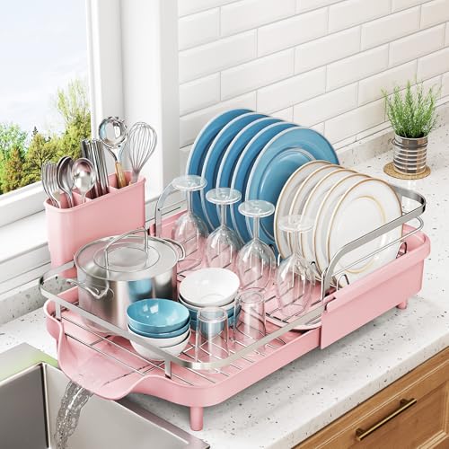 Expandable Dish Drying Rack for Kitchen Counter (Pink)