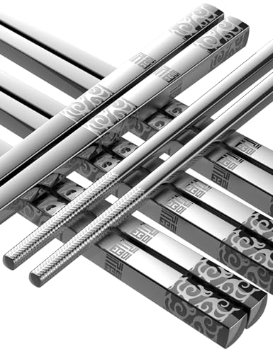 Metal Chopsticks Reusable Stainless Steel Chopsticks Dishwasher Safe Square Lightweight Non (Fu Silver 5 Pairs)