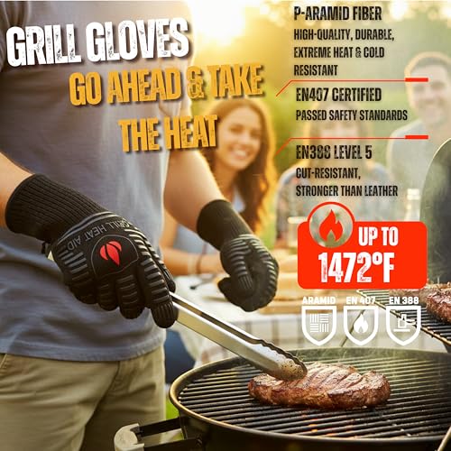 BBQ Grill Gloves Heat Proof for Men 932°F Grilling Fire Pit (Full Black / Mid Cuff - Medium Palm)