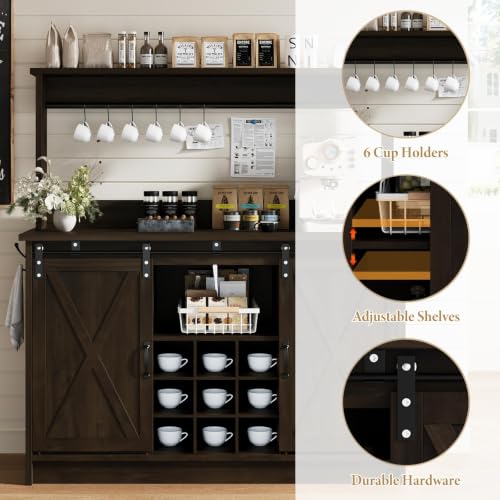 47" Farmhouse Coffee Bar Cabinet with Storage Hutch (47Inch / Dark Oak)