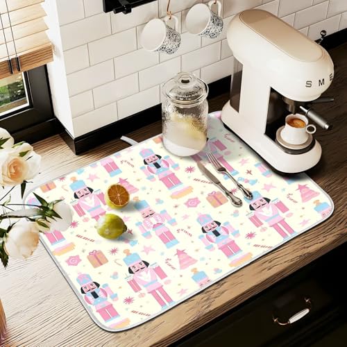 Pink Nutcracker Christmas Dish Drying Mat for Kitchen Counter Absorbent Microfiber Large Drying Pad Dish mats for Kitchen Countertops 18 x 24 Inch (Christmas Nutcracker / 24" x 18")