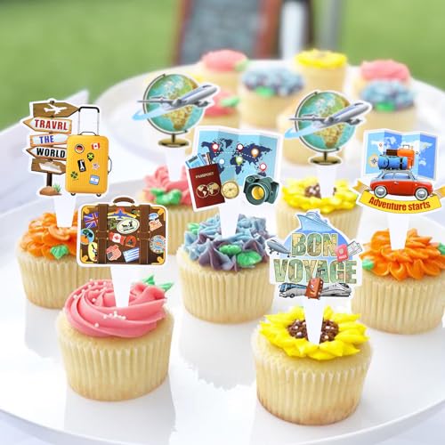 36PCS Double sided Adventure Travel Cupcake Toppers Airplane Globe Map Suitcase Bon Voyage Cupcake Picks for Adventure Travel Baby Shower Boys Girls Birthday Wedding Party Decoration (Travel)