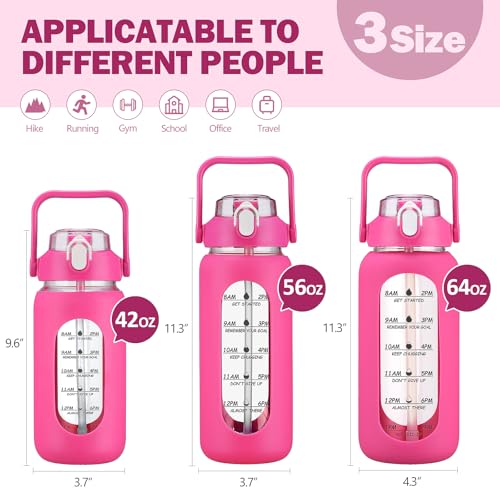 64oz Glass Water Bottles with Straw (Rose red / 64 Ounces)