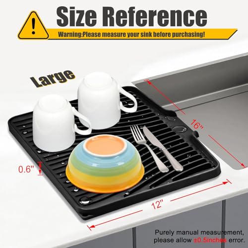 Silicone Dish Drying Mat for Kitchen Counter (Black-1pc / 16" x 12")