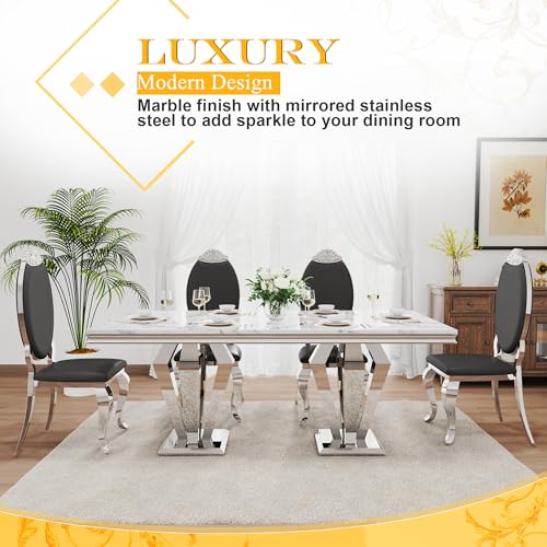 7 Piece Luxury Dining Room Set (Silver White + Black / Dining Table + 6 Carved Chair)
