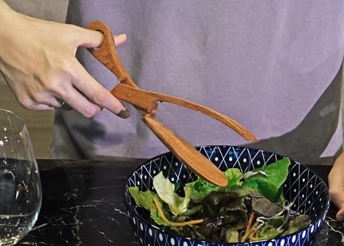 Hand Carved Palm Wood Scissor Tongs for Salad Bread and Pastry Serving (Brown)