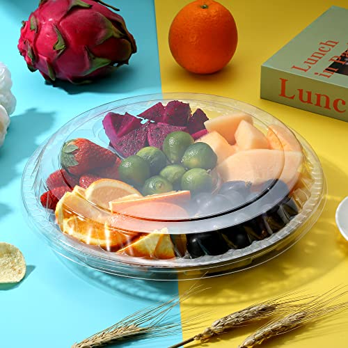 12 Pack Round Plastic Veggie Tray with Lid Fruit Tray 6 Divided Compartment Container Food Serving Dip Platter Reusable Catering Trays for Veggie Fruit Snack Party and Buffet Trays（Clear (Clear / 12inch)