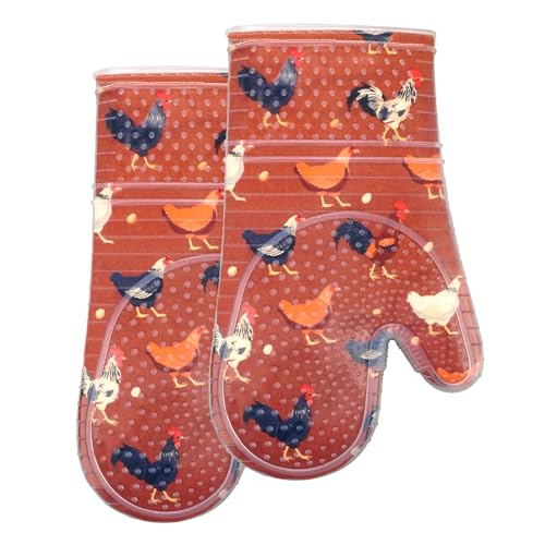 Oven Mitts with Transparent Clear Silicone Shell and Nice Shell Flower Printing (Oven mitts / Rooster Flower)
