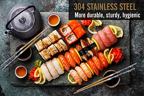 Chopsticks Reusable Titanium Plated Metal Chopsticks 304 Stainless Steel Chopstick Dishwasher safe Japanese Korean lightweight Engraved Anti (Black/Gold)