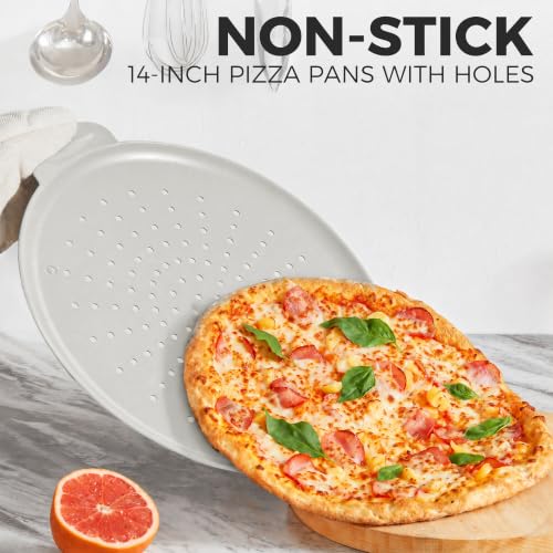 2 Pack Pizza Pan 14 Inch with Holes (Light Grey / 14inch with Handles (external size:15.75inch))