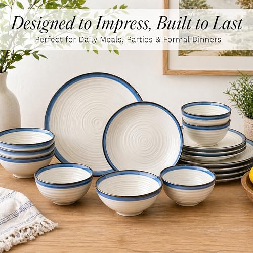 Siterra Santorini 16 (Rustic White with Blue Rim / 16-Piece Set)