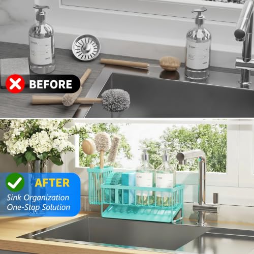 Kitchen Sink Caddy Organzier with High Brush Holder (Turquoise / 9.25 inches)
