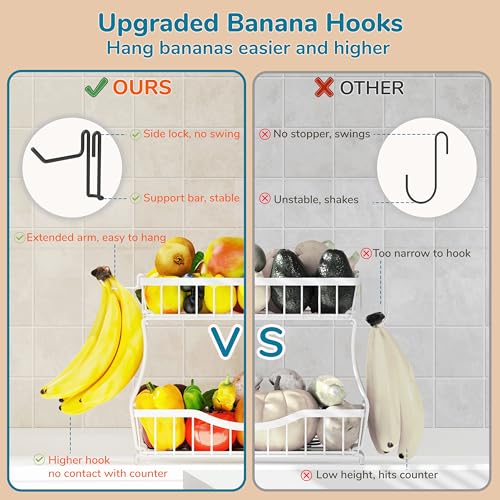 Large 2 Tier Fruit Basket for Kitchen Counter with 2 Banana Hangers (White)