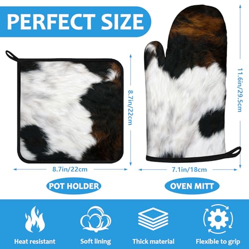 Brown Cowhide Oven Mitts and Pot Holders Sets Heat Resistant 4Pcs Potholders Oven Gloves Hot Pads for Kitchen Baking Cooking Grilling BBQ (Brown Cowhide)