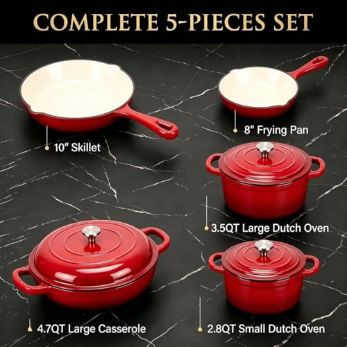 5 Piece Red Enameled Cast Iron Cookware Set (Red D)