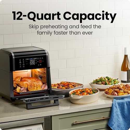 12-Quart 5-in-1 Air Fryer Oven with Digital Timer, Touchscreen, and 12 Presets - Family Size Countertop Convection Oven, Dishwasher-Safe Parts (12 quarts / Black)