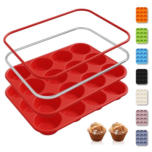 2 Pack 12 Cups Silicone Muffin Pan with Metal Reinforced Frame Regular Size Silicone Molds Cupcake Cake Baking Pans Cookie Baking Chocoflan Cupcake Mold Nonstick Muffin Tin Home Baking Supplies (2pc: 12-Cup Regular / Red)