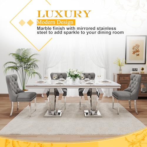 7 Piece Luxury Dining Room Set (Silver White + Grey / Dining Table + 6 Velvet Chair)