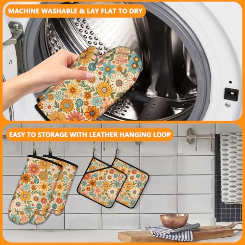 Boho Floral Oven Mitts and Colorful Flowers Pot Holders Sets 4Pcs (Boho Floral)
