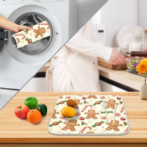 Christmas Gingerbread Cookie Man Sugar Dish Drying Mat for Kitchen Counter Absorbent Microfiber Large Drying Pad Dish Mats for Kitchen Countertops 18 x 24 Inch (24" x 18")