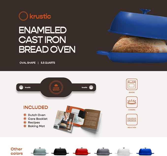 Enameled Cast Iron Dutch Oven for Professional Sourdough Bread Baking | 5.5 Quart Loaf Size Oval Cookware Pot with Lid | Triple-Layer Enamel Coating Pan with Non Stick Silicone Mat | Blue