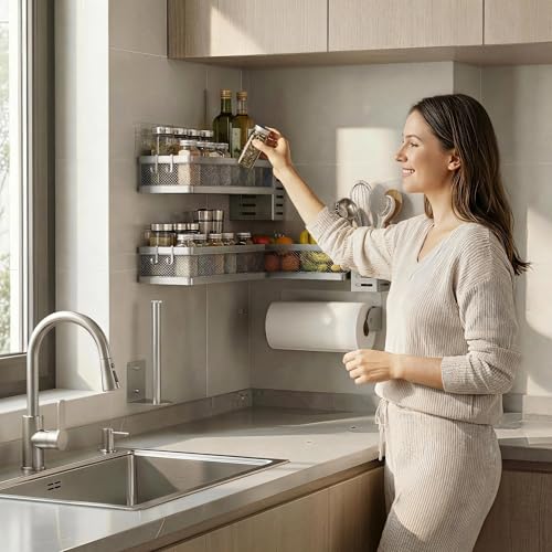 5-in-1 Wide Wall Mount Wrapped Mesh Kitchen Organizer & Shower Caddy Kit, with Paper Towel Holder, Utensil Holder, Soap Dish, Heavy Duty 50LBS - Silver Gray, Netting (Silver Grey / 5-in-1 Full Mesh (12.6" Wide))