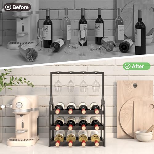 Bamboo Wine Rack Countertop (Black 3-tier With Glass Holder)