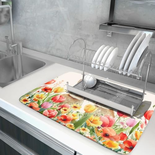 Easter Bunny Dish Drying Mat 18x24 inch Spring Floral Drying Pad Holiday Absorbent Microfiber Dishes Drainer Protector for Kitchen Counter (Bunny Floral / 18" x 18")