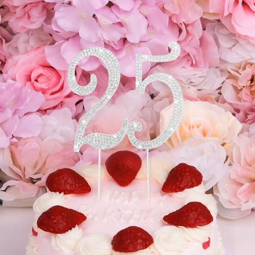 Silver 25th Birthday Cake Topper Rhinestones Cake Decorations for 25th Birthday Party (25th- Silver)