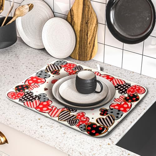 Red Heart Dish Drying Mat 16"x18" Love Dots Microfiber Dish Drainer Rack Mat Holiday Absorbent Fast Dry Pad for Kitchen Counter Home Decor (Heart Dots / 16" x 18")