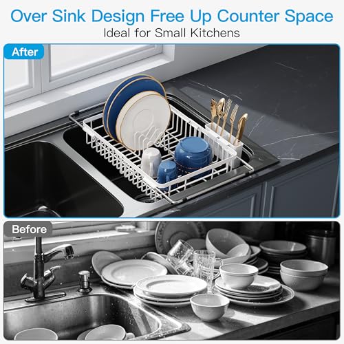 White Dish Drying Rack Over the Sink with Utensil Holder (White / For 12.5"-30"w Sink, Expandable)