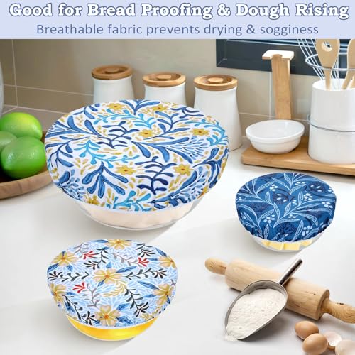 5Pcs Reusable Beeswax Elastic Bowl Covers for Bread Proofing and Food Cover (Blue Floral)