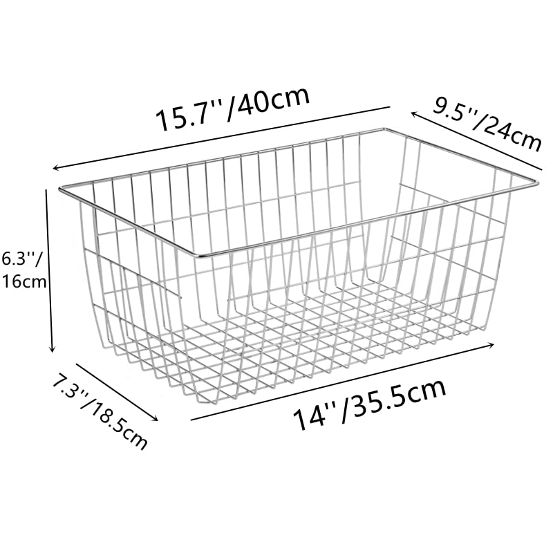 Farmhouse Wire Organizer Storage Bin Basket with Handles (Stainless Steel-6pack / 15.7"L x 9.5"W x 6.3"H)