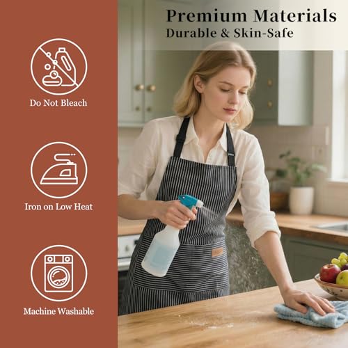 2 Pack Cooking Aprons Adjustable Bib Apron for Women with 2 Pockets (Black Stripes/Black Pinstripe)