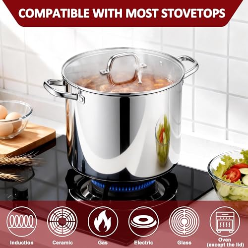 16-Quart 18/10 Stainless Steel Stock Pot with Lid, Large Heavy Duty Soup Pot Compatible with Electric, Gas, Induction and Gas Cooktops, Non-Toxic & Corrosion Resistant, Dishwasher Safe (16 Quarts)
