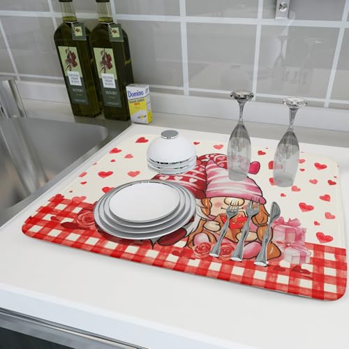 Love Gnome Dish Drying Mat 18"x24" Red Heart Microfiber Dish Drainer Rack Mat Holiday Absorbent Dishes Pad for Kitchen Counter Sink Decor (Love Gnome / 24" x 24")