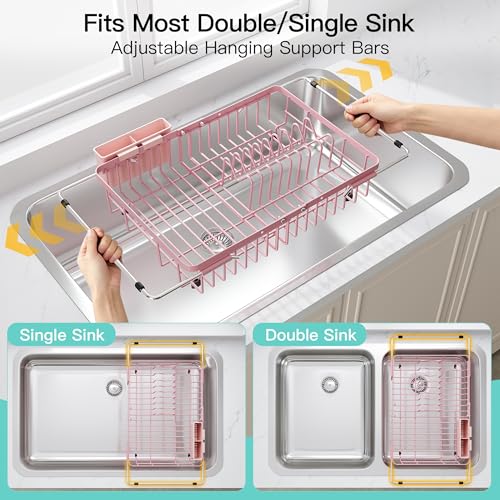 Pink Dish Drying Rack Over the Sink with Utensil Holder (Pink / For 12.5"-30"w Sink, Expandable)