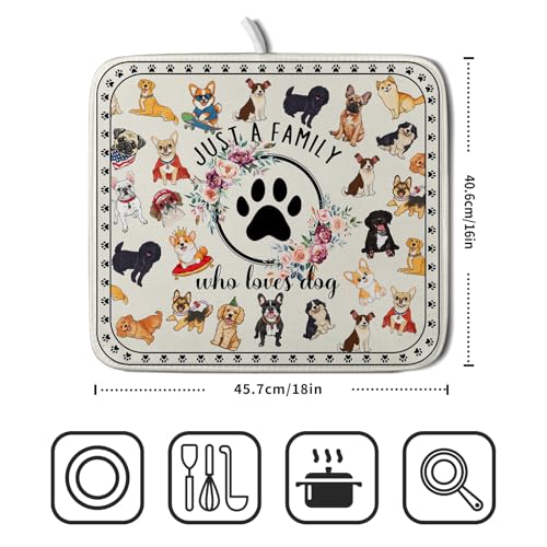 Cute Dog Dish Drying Mat Absorbent Printed Drying Pad for Pet Lover (Dog Family White / 18" x 16")