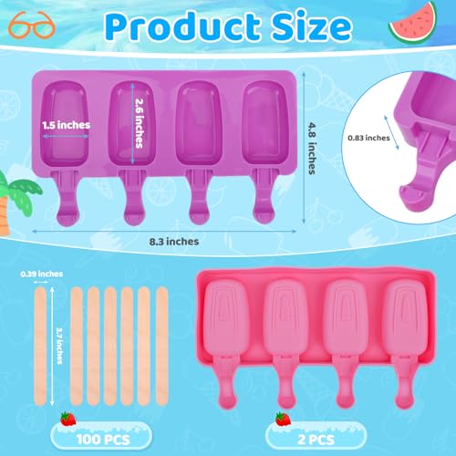 2 Set Silicone Popsicle Molds with 100 Sticks (2 Set / Pink & Purple)
