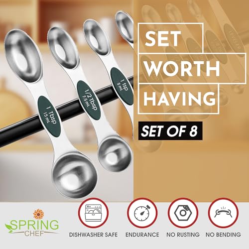 Stainless Steel Magnetic Measuring Spoons Set of 8 (Pine Green / 1-Pack)