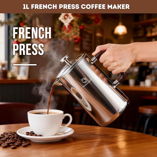 1L 34 Oz French Press Coffee Maker (Silver-Upgrade)