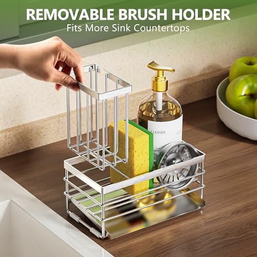 Sink Caddy Sponge Holder for Kitchen with Brush Holder and Stainless Steel Self Drain Tray (8.26'' / Silver)
