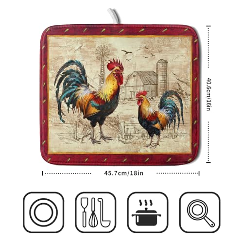 Farm Rooster Dish Drying Mat for Countertop 16x18 Inches Red Rustic Chicken Absorbent Microfiber Dry Dishes Pads Kitchen Counter Accessories (Red Rooster / 16" x 18")