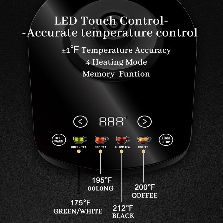 Gooseneck Electric Kettle Full Touch Screen 1200W Electric Tea & Coffee Kettle with Four Heating Modes Rapid Heating (Extra Large / Black)