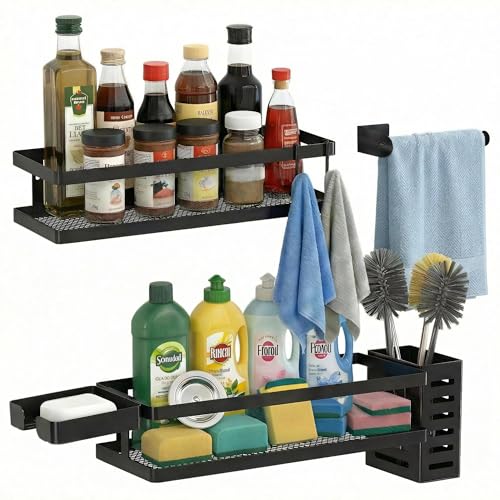 5-in-1 Shower Caddy & Kitchen Organizer Set, Wall Mount Wide Spice Rack with Paper Towel Holder, Utensil Holder, Soap Dish, Rustproof Mesh Baskets Hold 50LBS - Matte Black, Guardrail (Matte Black / 5-in-1 Minimalist (12.6" Wide))