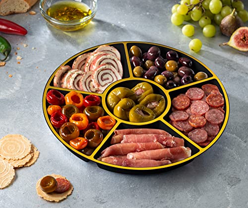6 Sectional Round Plastic Serving Tray (Black & Gold)