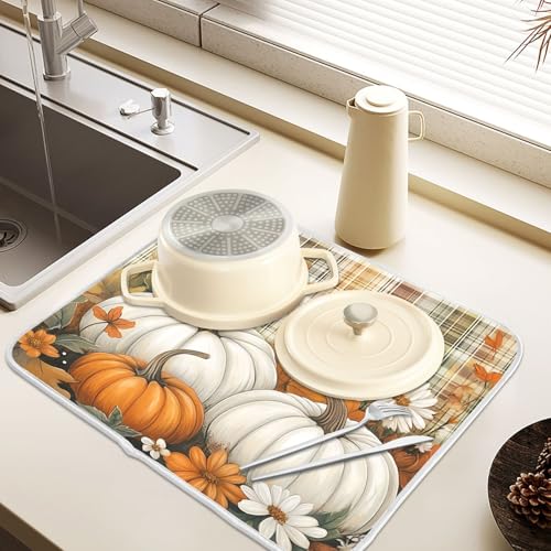 Autumn Fall Thanksgiving Dish Drying Mat for Kitchen Counter Absorbent Microfiber Small Orange White Pumpkin Small Drying Pad Dish Mats for Kitchen Countertops 16 x 18 Inch (Thanksgiving Pumpkins / 18" x 16")